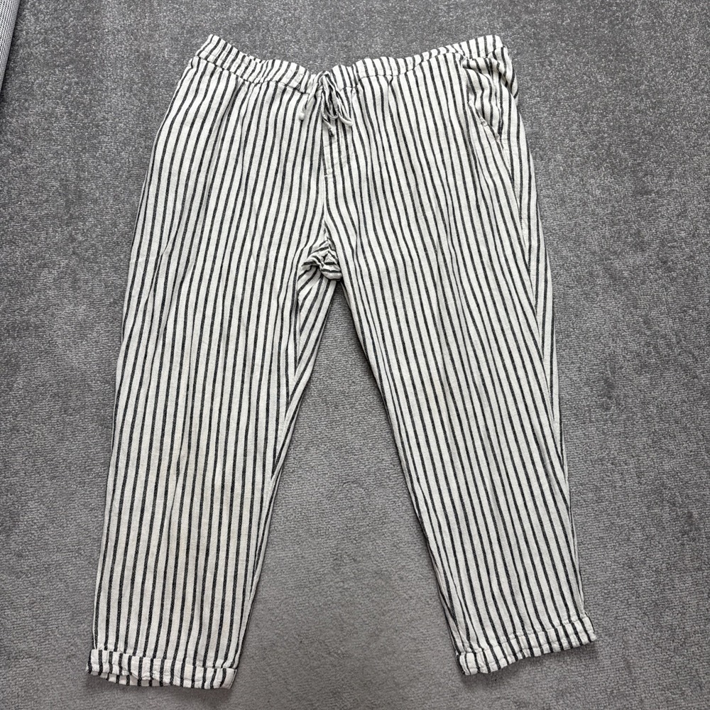 Linen Viscose Pants XXL Women's Black White Stripe Cropped Old Navy Drawstring - Picture 2 of 10